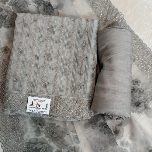 GREY EMBROIDERED AND SEQUINS ORGANZA UNSTITCHED SALWAR SUIT