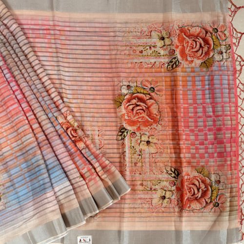 HANDLOOM PURE LINEN COTTON PRINTED SAREE