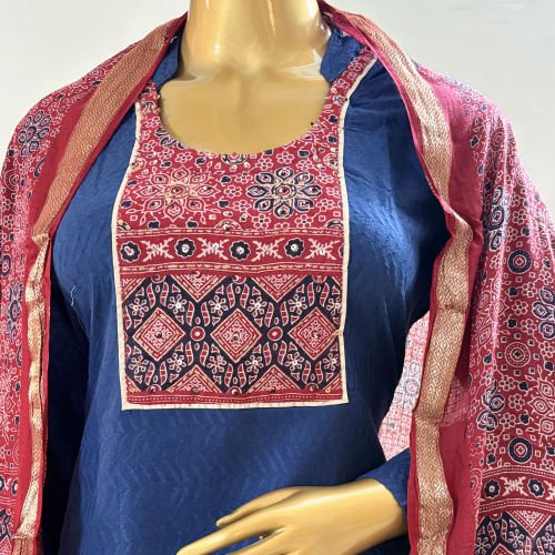 PRINTED HANDLOOM COTTON READYMADE SUIT WITH MALMAL AJARKH PRINTED DUPATTA XXL