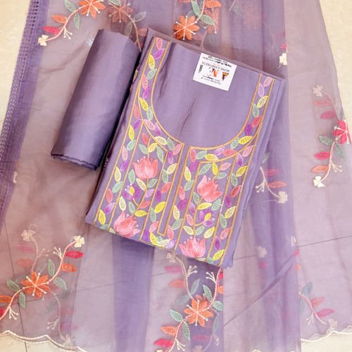 Roman Silk Suit With Multicolor Kashmiri Style Embroidery