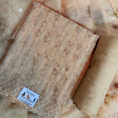 PEACH EMBROIDERED AND SEQUINS ORGANZA UNSTITCHED SALWAR SUIT