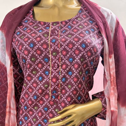 BANDANI PRINTED PURE COTTON READYMADE SUIT WITH PURE CHIFFON DUPATTA XL