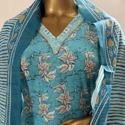 PRINTED COTTON SLUB READYMADE SALWAR SUIT WITH MALMAL DUPATTA L