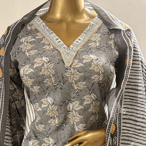 PRINTED COTTON SLUB READYMADE SALWAR SUIT WITH MALMAL DUPATTA L