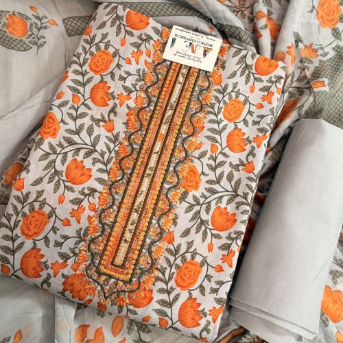 PRINTED PURE COTTON UNSTITCHED SALWAR SUIT WITH PRINTED MALMAL DUPATTA