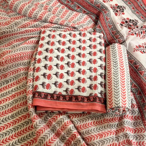 BLOCK PRINTED PURE COTTON SALWAR SUIT WITH PRINTED MALMAL DUPATTA