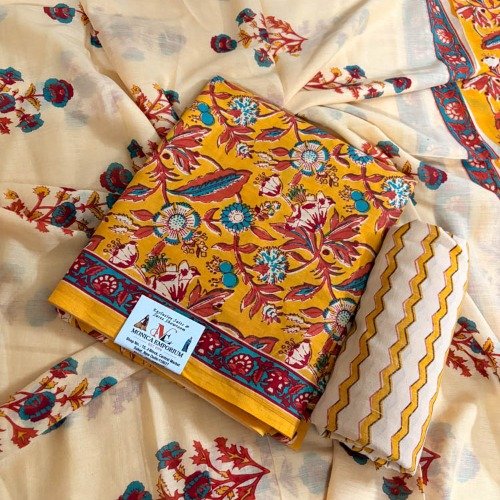 PRINTED PURE COTTON UNSTITCHED SALWAR SUIT WITH PRINTED MALMAL DUPATTA