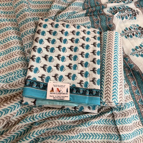 BLOCK PRINTED PURE COTTON SALWAR SUIT WITH PRINTED MALMAL DUPATTA