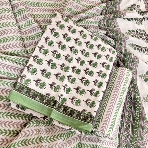 BLOCK PRINTED PURE COTTON SALWAR SUIT WITH PRINTED MALMAL DUPATTA