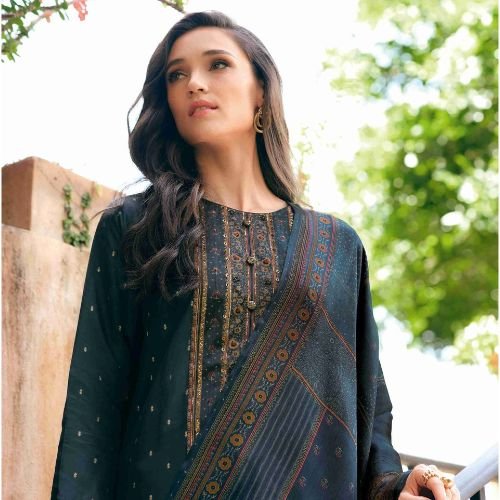 AJARAKH PRINTED MUSLIN WOVEN UNSTITCHED SUIT WITH PATCH WORK, HAND EMBROIDEREY