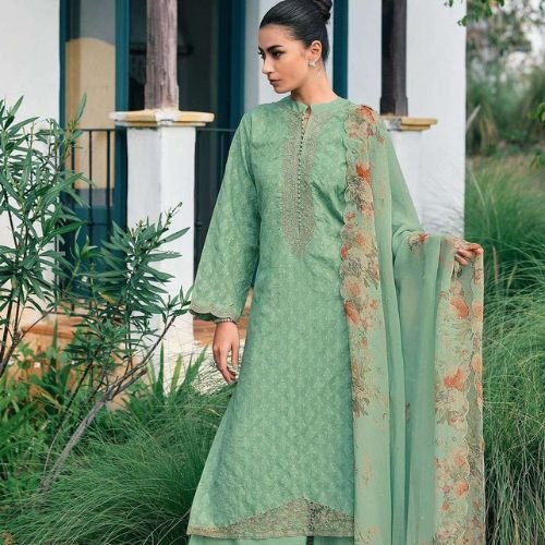 LINEN SELF-WEAVED UNSTITCHED SALWAR SUIT WITH EMBROIDERED & PRINTED MUSLIN DUPATTA