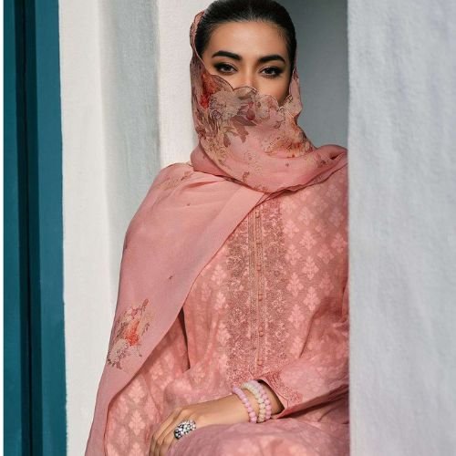 LINEN SELF-WEAVED UNSTITCHED SALWAR SUIT WITH EMBROIDERED & PRINTED MUSLIN DUPATTA