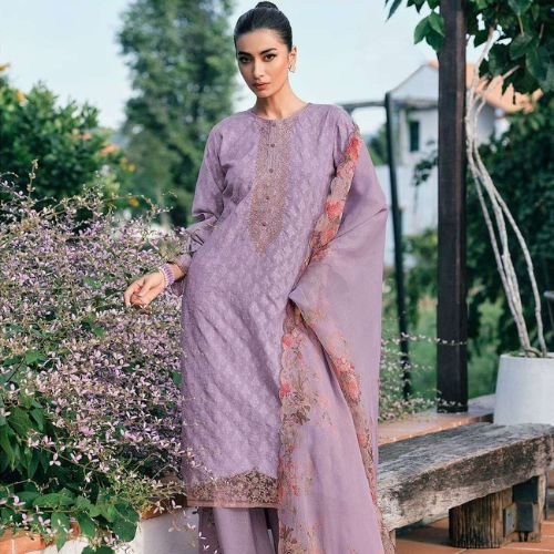 LINEN SELF-WEAVED UNSTITCHED SALWAR SUIT WITH EMBROIDERED & PRINTED MUSLIN DUPATTA