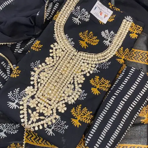 Black Pure Cotton Unstitched Salwar Suit with Gotta Patti Neck Work | Printed Cotton Bottom & Mal Cotton Dupatta | 3-Piece Dress Material